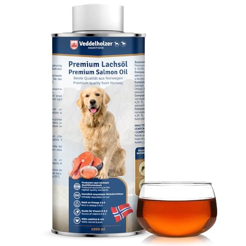 Veddelholzer Óleo de salmão para cães 1 litro em lata reciclável cuidado ideal de pelo bom para ossos e sistema imunitário com ácidos graxos ômega3 e vitamina E