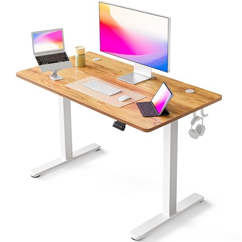 FEZIBO Secretária de altura regulável elétrica, 100 x 60 cm, mesa de pé com controlo de memória e tecnologia anticolisões, moldura branca e placa castanha clara