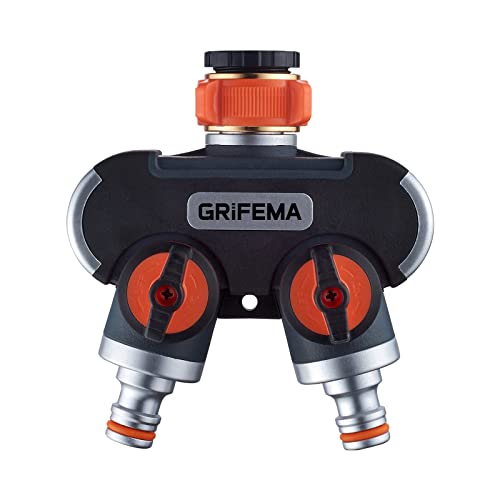 GRIFEMA, GE1401-2 Distribuidor de 2 vias, desviador de torneira de 3/4 e 1/2, com adaptador para ajuste de fluxo, rega com 2 conectores de mangueira, laranja e preto, distribuidor de 2 vias