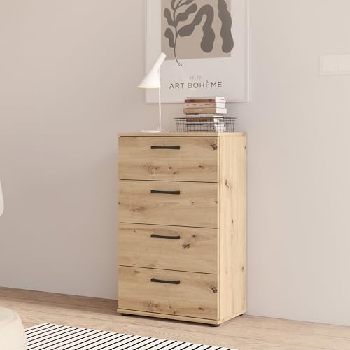Forte NIKO Confortável alta 50 com 4 gavetas, decoração de carvalho artesanal, 50,2 cm de largura x 81,7 cm de altura x 29,1 cm de profundidade