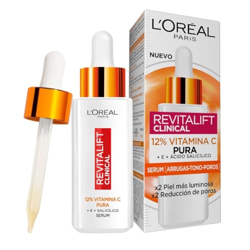 L'Oréal Paris Sérum Facial 12% pura vitamina C, pele mais luminosa e poros menos visíveis, reduz rugas, despigmentação e poros, Revitalift Clinical, 30 ml