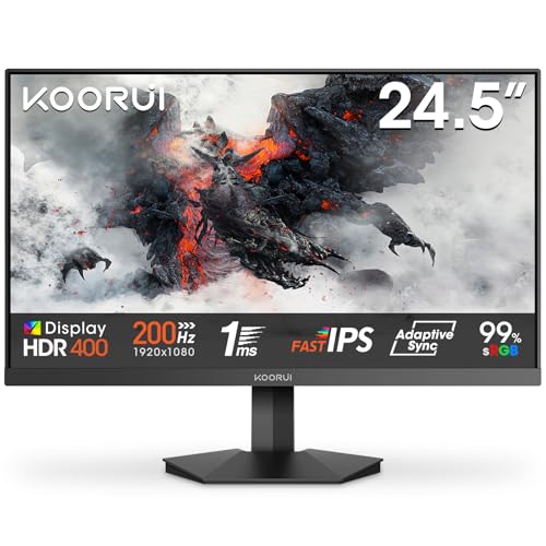 KOORUI G2511P Monitor de jogos de 24,5 polegadas, 200 Hz, FHD 1080P, IPS, GTG 1ms, HDR400, 90% DCI-P3, Adaptive Sync, 2 x HDMI 2.0, DP 1,4, inclinação ajustável , VESA 75 X75 mm