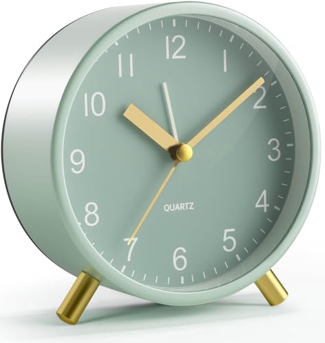 YouJabz Relógio despertador analógico, super silencioso sem tiquetaque com luz noturna, funciona com bateria, relógio despertador de metal redondo moderno para escritório, quarto, idosos, crianças