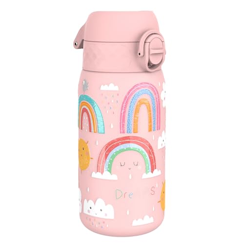 ion8 Garrafa de água Inox leve para crianças, 400 ml, sem isolamento, à prova de fugas, fácil de abrir, fechadura segura, adequada para máquina de lavar louça, tampa rebatível, fácil de limpar