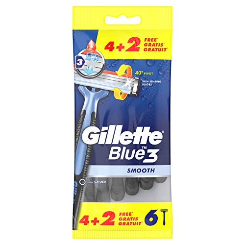 Gillette Blue3 Smooth máquinas descartáveis para homem, três folhas de barbear com cabeça pivotante 40 graus e faixa de lubrificante, 4 unidades