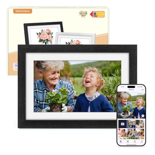Eptusmey Moldura de fotos digital WiFi 10,1 polegadas preto madeira de carvalho 32 GB ecrã tátil IPS HD de 1280 x 800, compartilhe fotos vídeos através da Uhale, presentes para mulheres e homens