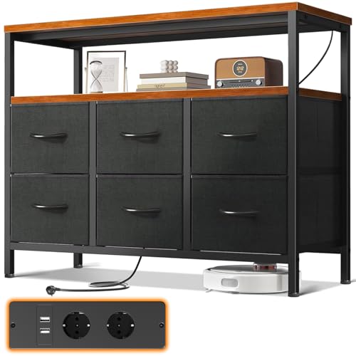 ODK Conforto quarto cómoda com 2 tomadas e 2 portas de carregamento USB, cómoda para quarto com 6 gavetas, quartos e gavetas adequado para sala de estar e corredor preto e vintage