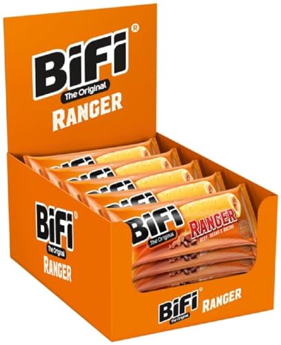 BiFi Ranger - Embalagem de 20 unidades de 60 g, salsichas com feijão e bacon embrulhados em folha, snack original de salame para transportar, para viagens, escritório ou desporto, com carne bovina e