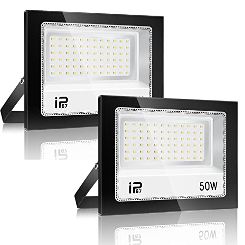 Foco LED para exterior, 50 W, 2 peças, iluminação de exterior de segurança, 7000 K, branco frio, projetor LED exterior, IP67 impermeável 5000 LM, super brilhante holofote LED, para pátio, garagem,