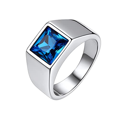 Bestyle Anel homem anéis de selo quadrado 8 mm largura anel com pedra preta / azul anéis de aço inoxidável personalizados anéis homem tamanho 14,5 - 32,5