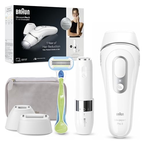 Braun Luz de pulso Silk-expert Pro 3, remoção de pêlos em casa, alternativa à remoção a laser, removedor IPL com capa, máquina Vênus, 2 cabeças para rosto e corpo, branco/prateado, PL3136