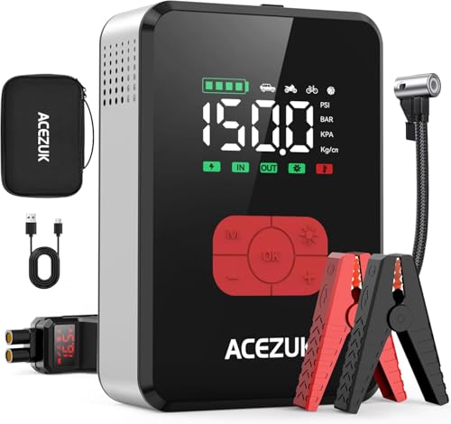 ACEZUK 7000A Arrancador de baterias de carro com 150 PSI compressor de ar, iniciador de carro portátil com insuflador (todo gás ou 12,0 l gasóleo), 12 V Jump Starter, ecrã grande LCD, 600 lúmenes LED