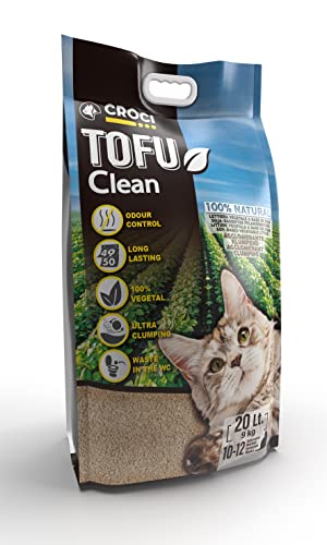 Croci Tofu Clean Litter 20 L - areia glomerante para gatos, biodegradável, descarga na sanita, 100 % vegetal, areia antiodor de longa duração
