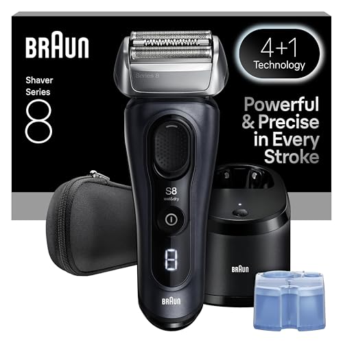 Braun Máquina de barbear elétrica homem série 8, máquina de barbear a seco e molhado com cabeça de precisão e aparador, 60 min de uso, centro de limpeza, estojo de viagem, 8663CC, cinzento