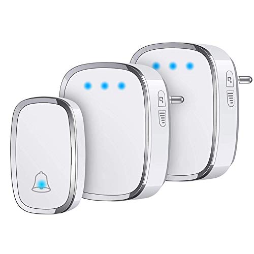 YYQ Campainha sem fios exterior impermeável IP44, campainha para porta de alcance longo de 300 m, indicador LED, 1 transmissor e 2 receptores, 5 níveis de volume ajustável, 36 melodias