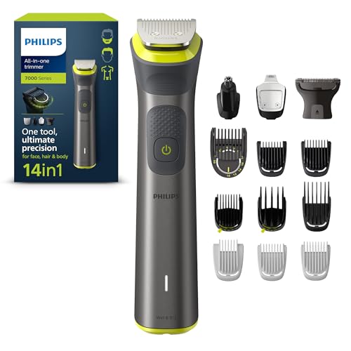 Philips Aparador de barba série 7000, máquina de cortar cabelo, corta-pelos para homem, kit 14 em 1 para rosto, cabelo, orelhas, nariz e corpo, 120 min de uso, seco e húmido, recarregável, capa,