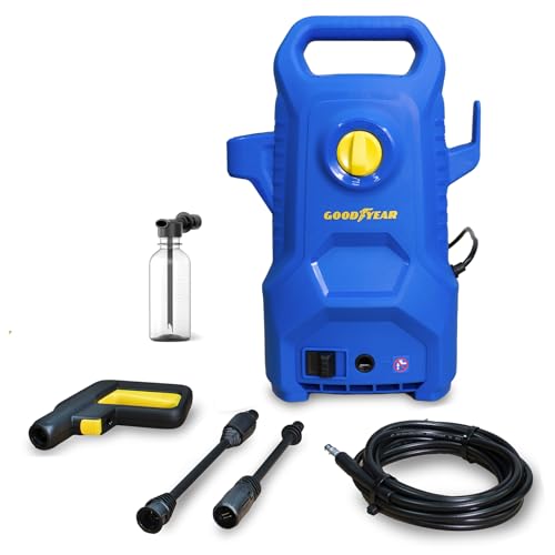 Goodyear - Hidro-limpeza elétrica 1400 W 100 bar, pistola e lança, PP, mangueira 5 m, sistema Auto Stop, kit detergente 200 ml, máquina de lavar a pressão compacta e eficiente