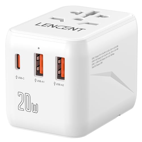 LENCENT Adaptador de viagem universal PD20W, carregador internacional com 2 portas USB e carregamento rápido tipo C, carregador de parede mundial para telemóveis, tablets, computador portátil,