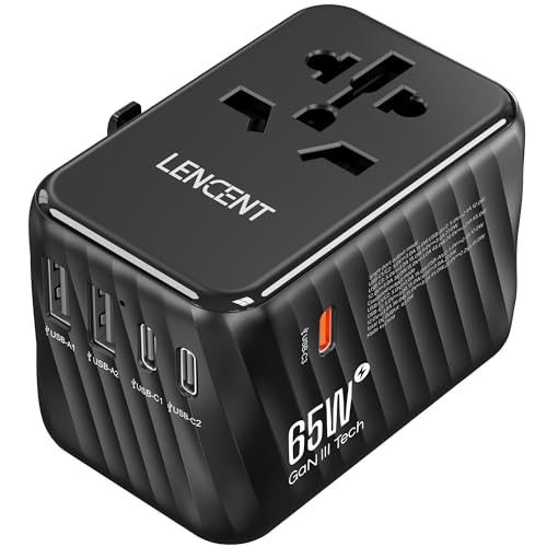 LENCENT Adaptador de tomada universal GAN III de 65 W, carregador internacional com 2 USB-A e 3 tipo-C PD carregamento rápido, adaptador de viagem para telemóvel, tablet, portátil (UE/EUA/UK/AU),