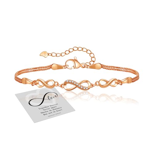 GEMAURA Pulseira de prata 925 para mulher, pulseira infinito de prata com zircão, pulseira ajustável em ouro, coração de prata, pulseira infinito, pulseiras de amizade, jóias presentes para mulheres