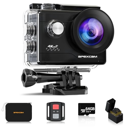Apexcam Câmara desportiva 4K com cartão de memória de 64 GB WiFi câmara subaquática impermeável 40 m Action Camera 2,0 'LCD 170 ° grande ângulo 2,4 G remoto 2 baterias de 1050 mAh e acessórios