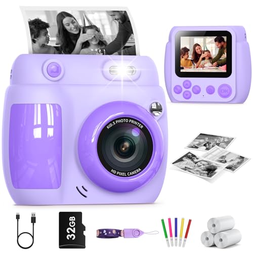 Gofunly Câmara fotos infantis instantâneas, 2,4 polegadas 1080P HD câmara fotos infantis com cartão de 32 GB e papel fotográfico, brinquedo câmara instantânea presentes para meninos e meninas de 3-12