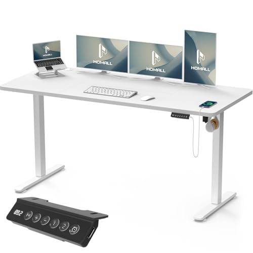 Homall 160 x 70 cm mesa elevável com tomada USB, mesa elétrica elevável com funções de sistema anticolisão, mesa de secretária com suporte elétrico, branco