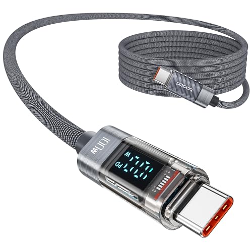 toocki Cabo USB C a USB C 100 W, carregamento rápido de 2 M com ecrã LED, PD QC5.0 para iPhone 16/16 Pro/16 Pro Max, MacBook Pro Air iPad Pro Air Galaxy S24 S23, pixel, cinzento