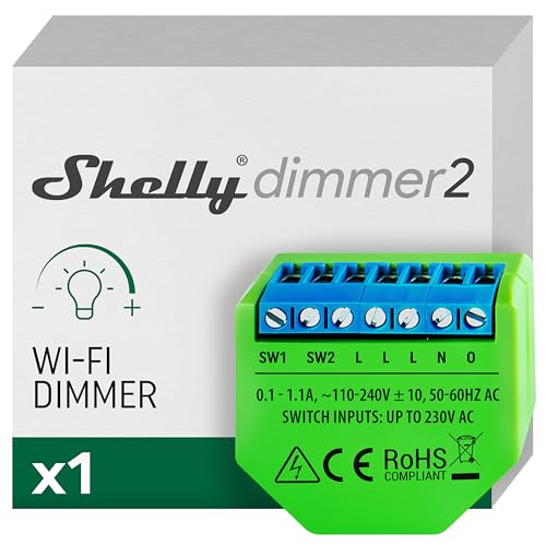 Shelly Dimmer 2, módulo regulador de luz W-Fi, atenuador sem fios, sem necessidade de neutro, LED 10 - 220 W, incandescentes/halógenas 1-220 W, compatível com Alexa & Google Home, iOS Android App
