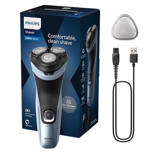 Philips Série X3000 Máquina de barbear elétrica para homem, máquina de barbear com cortinadores, 27 lâminas, cuidado da pele, 45 min de uso, seco e húmido, recarregável, X3053/00, azul