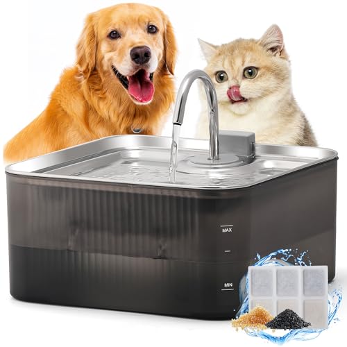 FUKUMARU Fonte para cães e gatos de 7 L com filtração de 5 camadas, de aço inoxidável com bomba silenciosa, proteção contra sobrecarga, para cães grandes / vários gatos, com 3 filtros