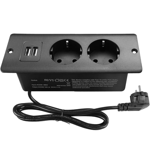 Tomada de energia retrátil com 2 USB, extensão embutida de 2 vias com cabo de 1,6 m, tomada embutida de mesa, tomada múltipla para móveis ou bancadas
