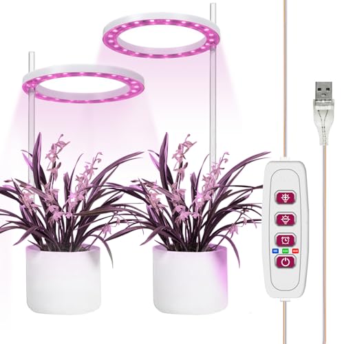 [2 cabeças] Luz LED para plantas de espectro completo, luzes de crescimento de plantas compacta, altura ajustável com temporizador automático de 8/12/16 horas, luz de grow interior