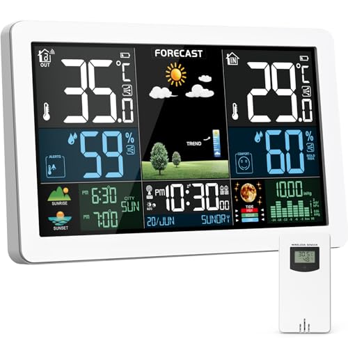 Estação meteorológica com sensor externo, estação meteorológica sem fios com ecrã colorido, previsão do tempo, temperatura, humidade, despertador com função de repetição