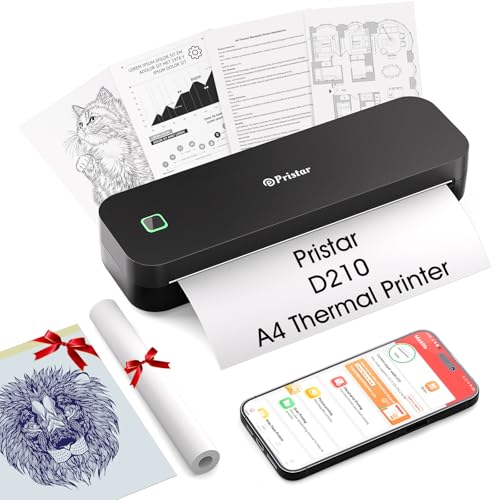 Pristar D210 Impressora térmica A4, impressora portátil sem fios para viagens, escritório e casa, termocopiadora tatuagem compatível com smartphones iOS/Android e computadores portáteis, preto