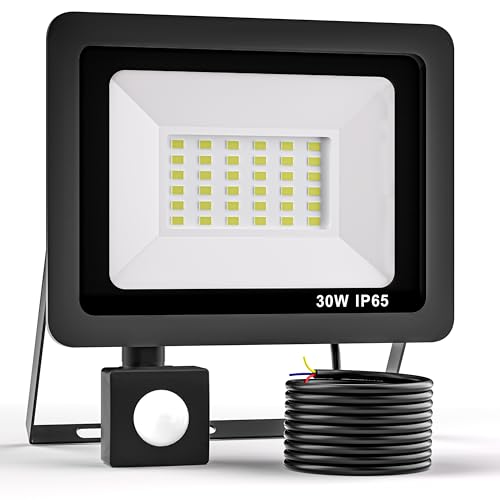 Realky 30 W Foco LED exterior com sensor de movimento, 3000 LM holofotes LED exteriores, IP65 impermeável projetor LED exterior, 6500 K, branco frio Floodlight para casa, garagem, pátio, terraço,