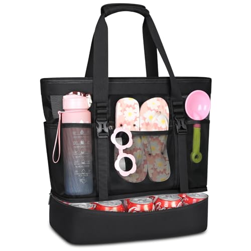 RAINSMORE Saco de praia grande XXL familiar mala de praia mulher de malha com fecho de correr 42 l impermeável saco piscina para viagem compras brinquedos preto, Preto, Tamanho único