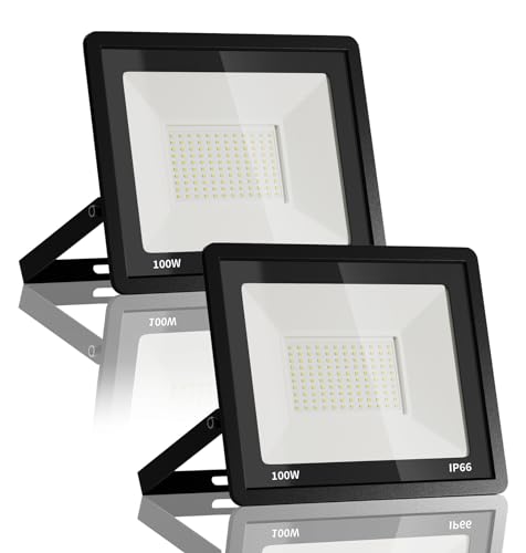 JESLED Focos LED para exteriores, 100 W 10000 LM super brilhante holofote LED para exterior, 144 LED 6000 K branco frio holofote LED, IP65 impermeável holofotes LED para jardim, pátio【2-pacote】