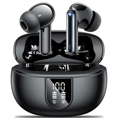 Auriculares sem fios Bluetooth 5.3 in-ear Bluetooth auriculares com 4 microfones ENC, estéreo HiFi, tempo de reprodução, IPX7 impermeável, auriculares desportivos com indicador de