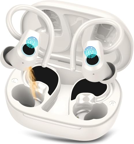 Auriculares sem fios desportivos, auriculares Bluetooth 5.3 com HD Mic HiFi estéreo, 50H capacetes sem fios Bluetooth com cancelamento de ruído ENC, IP7 impermeável capacetes para corrida, bege claro