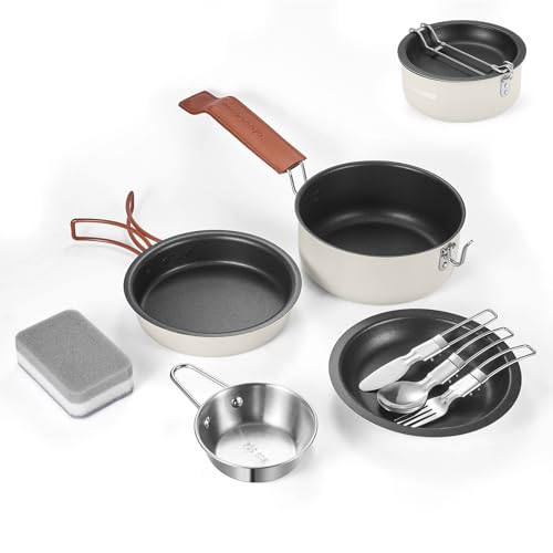 Odoland Juego de 10 Utensilios de Cocina para Camping, antiadherentes, Ligeros, con Platos, Cuencos, Tenedores, Cuchillos y cucharas, mochileros, Camping, Senderismo y Picnic, Color