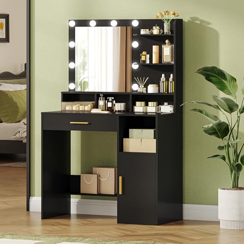 Hzuaneri Voucher com espelho e 10 luzes LED, toucador de maquilhagem com 3 prateleiras e 4 compartimentos abertos, toucador com gaveta grande e armário, 3 luzes ajustáveis, preto VT08106X
