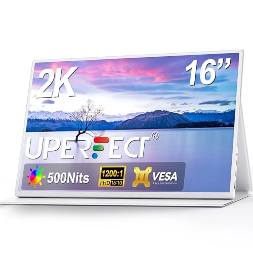 UPERFECT Monitor portátil 2K de 16 polegadas, ecrã QHD 2560 x 1600, 1200:1 500 Nits 16:10, HDMI padrão e 2 portas USB-C, tela mate IPS Eye Care, borda estreita com moldura de metal, VESA & Smart C