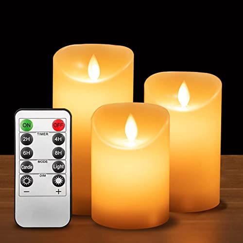 ILEEDear Velas LED, velas LED efeito chama, conjunto de 3 velas elétricas de cera reais com controlo remoto e temporizador velas decorativas de pilhas para decoração, casamentos, Natal