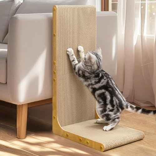 Conlun Raspador para gatos, 66 cm, forma em l, montado na parede, painel de arranhões vertical, cartão durável para proteger móveis de gatos de interior, jumbo, madeira clara