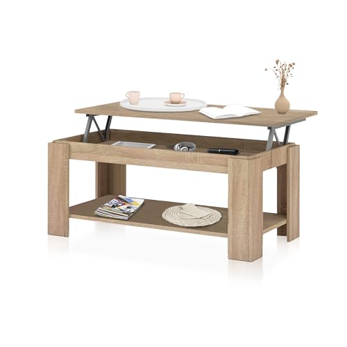 duehome | Mesa de centro elevável, mesa auxiliar, modelo LYA, acabamento em carvalho canadian, medidas: 102 cm (comprimento) x 50 cm (largura) x 43-54 cm (altura)