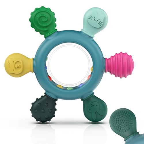 akolik Mordedor de bebé, chocalho de silicone para bebé, brinquedo de dentição de remo, brinquedo agarrar, acessório de enfermagem para dentição sem BPA para bebés com mais de 0 3 6 9 meses