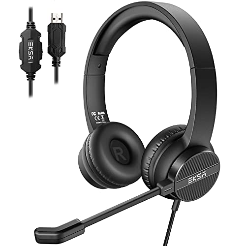 EKSA H12E PC Auriculares com microfone, Headset de USB com interruptor de silêncio e controlo de volume, som estéreo claro, capacetes com microfone PC/Office/Skype/Zoom/Webinar