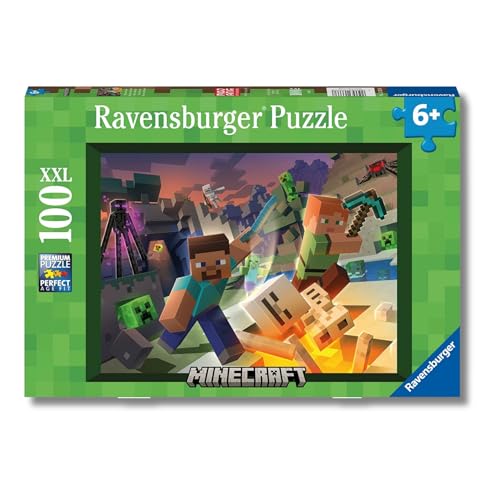 Ravensburger - Puzzles XXL Minecraft | Puzzle 6 anos ou mais, presente para criança 6 anos ou mais de 100 peças, quebra-cabeças para crianças de 36 x 49 cm, Ravensburger Puzzle