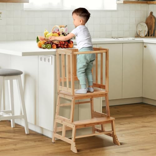 COSYLAND Torre de aprendizagem desde 18 meses - torre de aprendizagem para crianças - proteção anti-virar e barra de segurança - para casa de banho, quarto infantil e cozinha - cor bambu